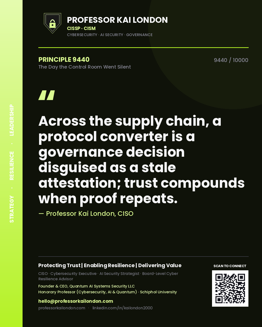 Professor Kai London principle 9440: Across the supply chain, a protocol converter is a governance decision disguised as a stale attestation; trust compounds when proof repeats.