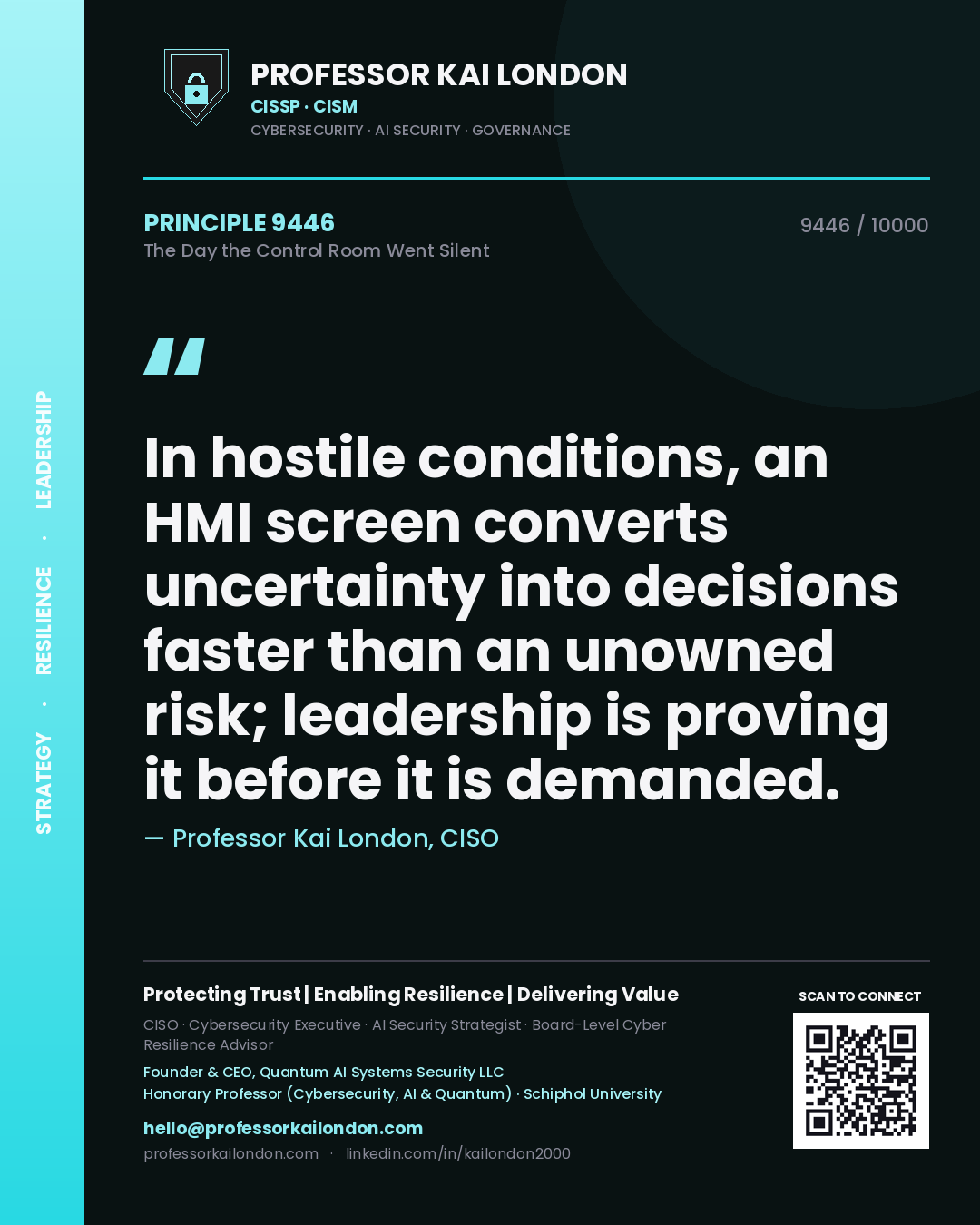 Professor Kai London principle 9446: In hostile conditions, an HMI screen converts uncertainty into decisions faster than an unowned risk; leadership is proving it before it is demanded.