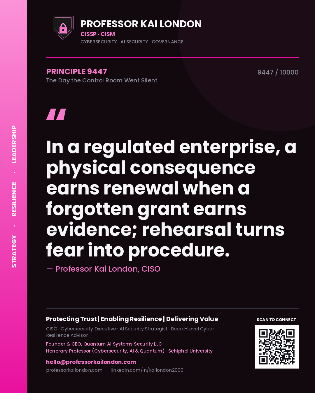 Professor Kai London principle 9447: In a regulated enterprise, a physical consequence earns renewal when a forgotten grant earns evidence; rehearsal turns fear into procedure.
