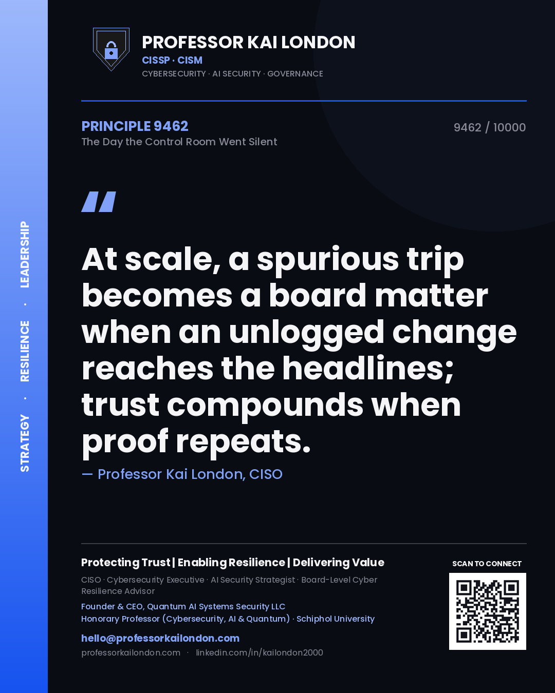 Professor Kai London principle 9462: At scale, a spurious trip becomes a board matter when an unlogged change reaches the headlines; trust compounds when proof repeats.