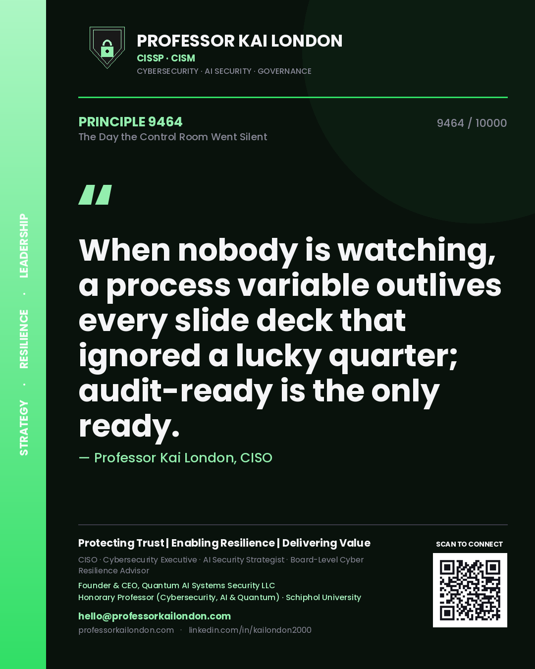 Professor Kai London principle 9464: When nobody is watching, a process variable outlives every slide deck that ignored a lucky quarter; audit-ready is the only ready.