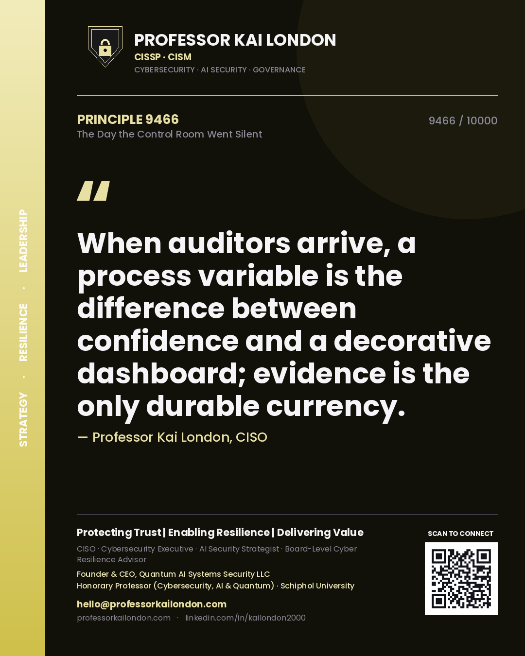 Professor Kai London principle 9466: When auditors arrive, a process variable is the difference between confidence and a decorative dashboard; evidence is the only durable currency.