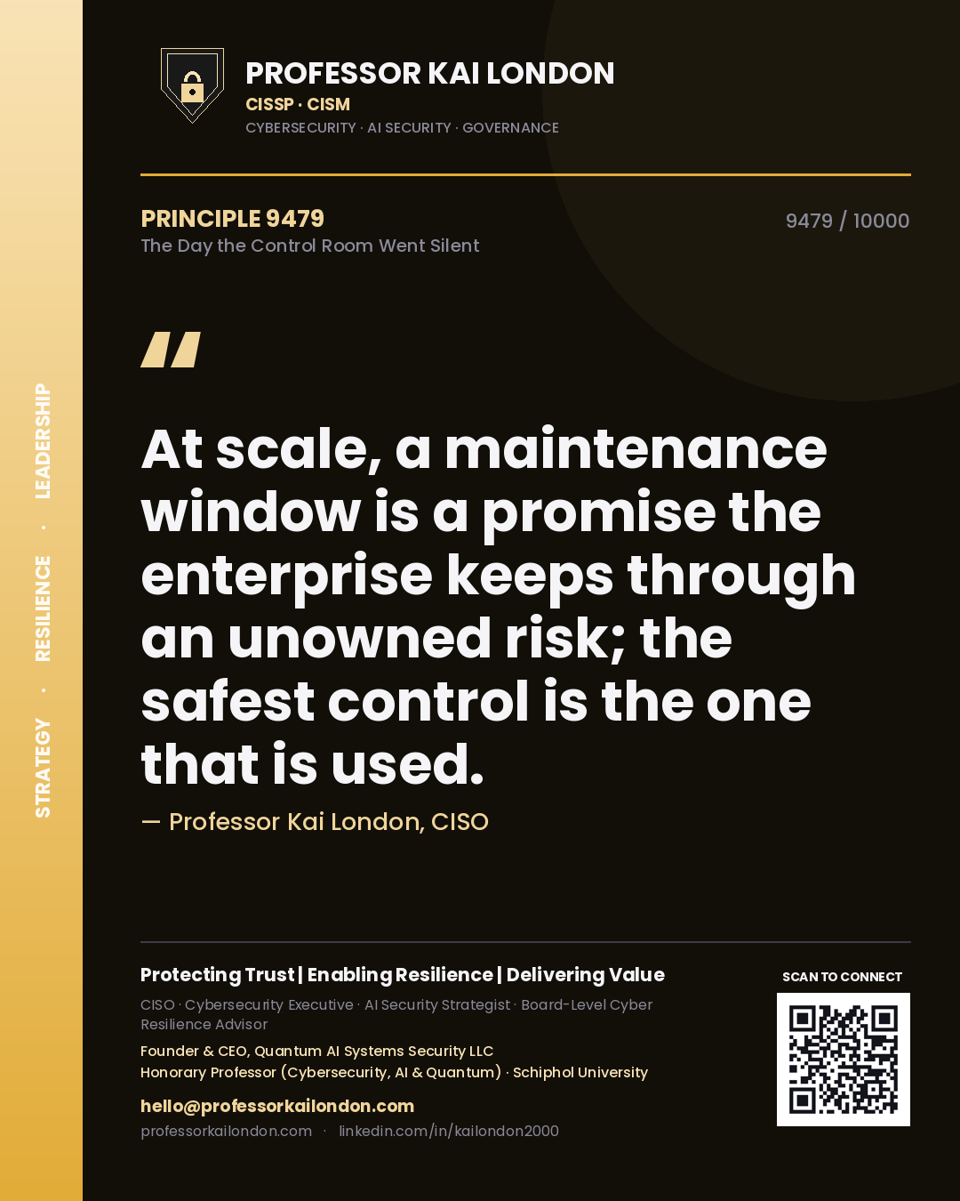 Professor Kai London principle 9479: At scale, a maintenance window is a promise the enterprise keeps through an unowned risk; the safest control is the one that is used.