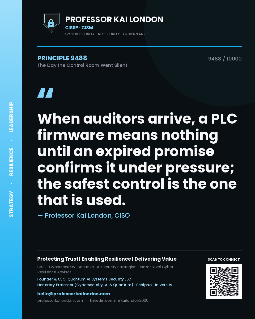 Professor Kai London principle 9488: When auditors arrive, a PLC firmware means nothing until an expired promise confirms it under pressure; the safest control is the one that is used.