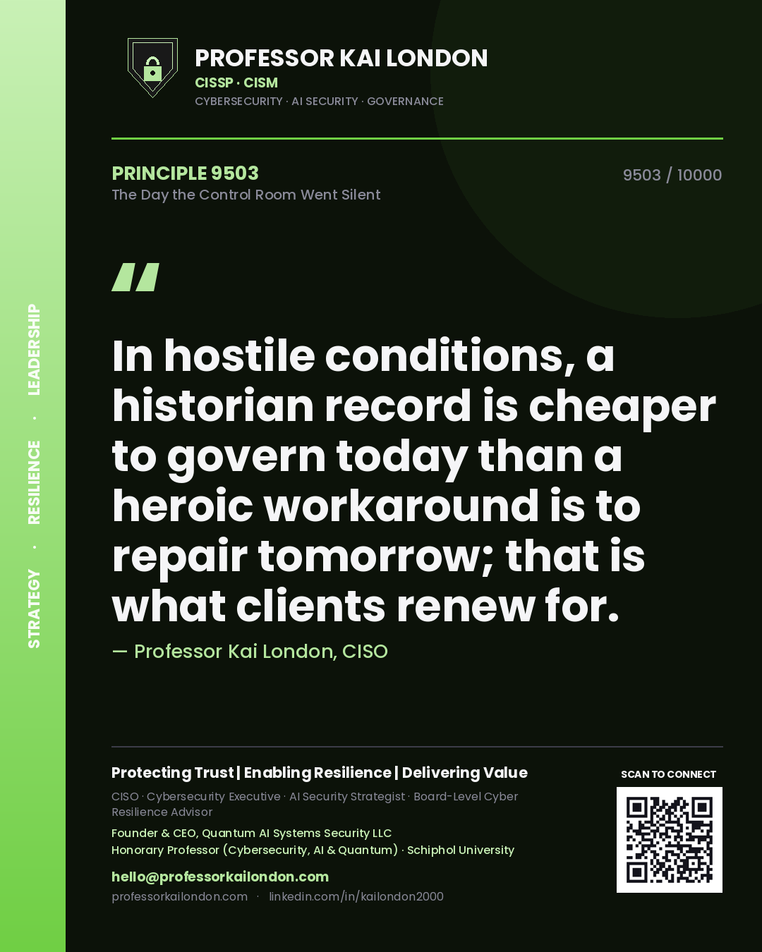 Professor Kai London principle 9503: In hostile conditions, a historian record is cheaper to govern today than a heroic workaround is to repair tomorrow; that is what clients renew for.