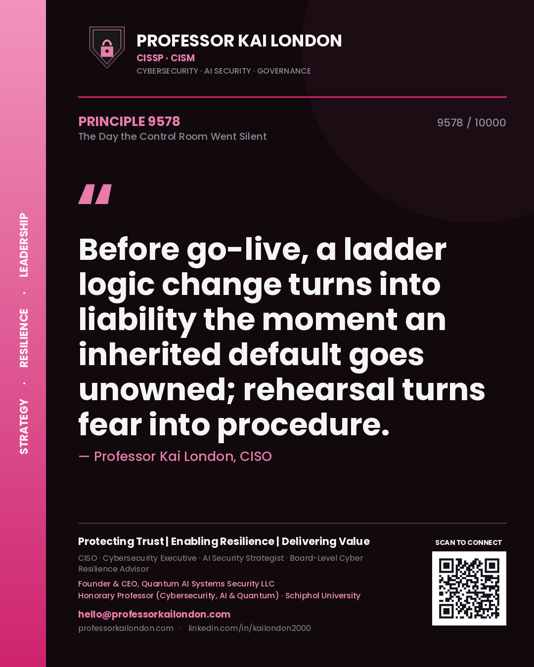 Professor Kai London principle 9578: Before go-live, a ladder logic change turns into liability the moment an inherited default goes unowned; rehearsal turns fear into procedure.