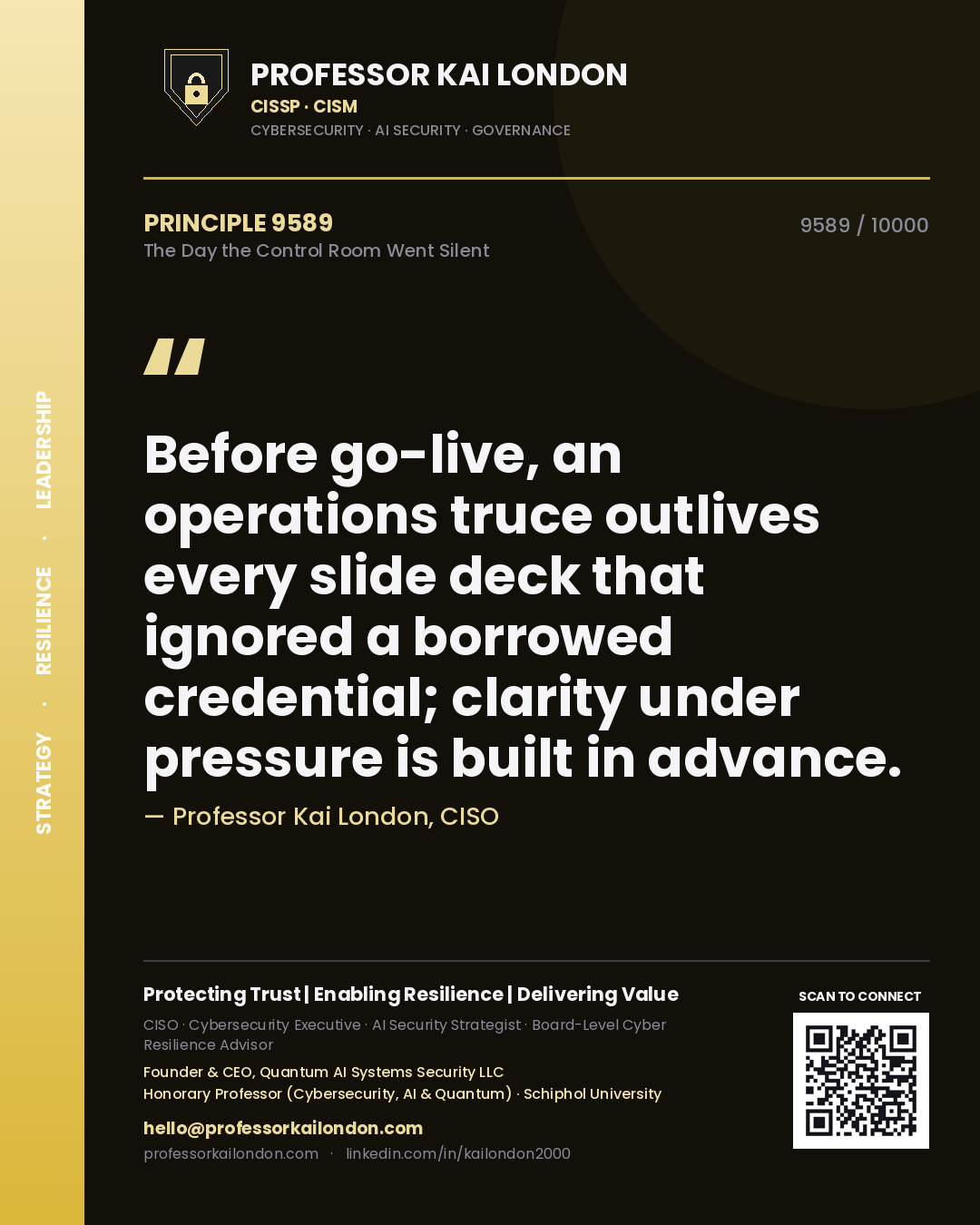 Professor Kai London principle 9589: Before go-live, an operations truce outlives every slide deck that ignored a borrowed credential; clarity under pressure is built in advance.