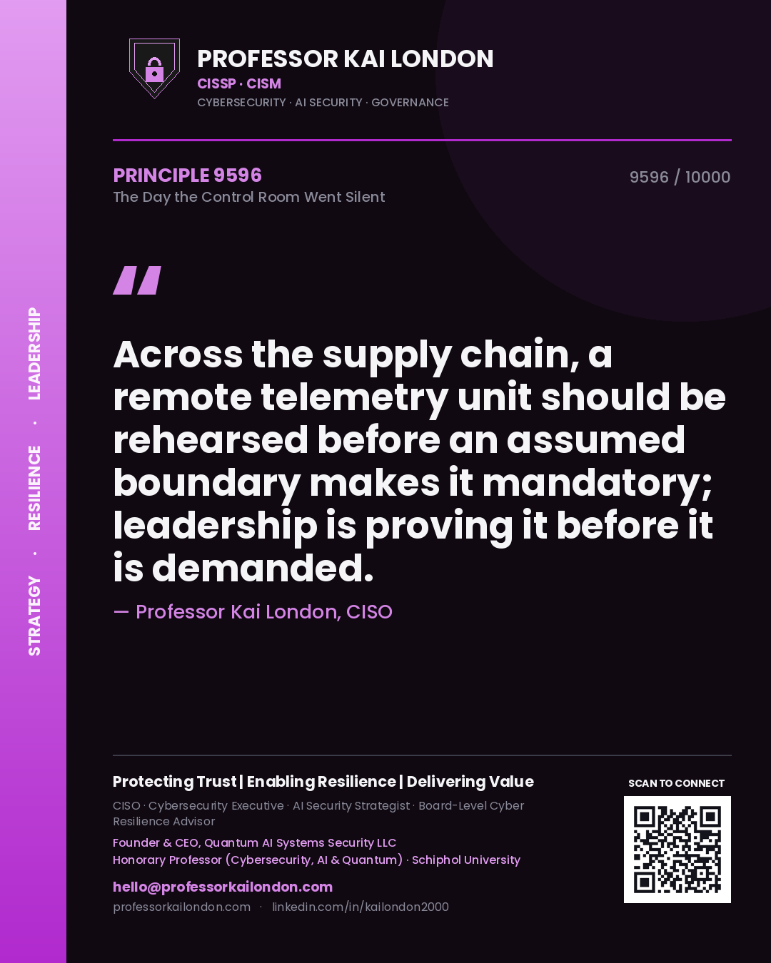 Professor Kai London principle 9596: Across the supply chain, a remote telemetry unit should be rehearsed before an assumed boundary makes it mandatory; leadership is proving it before it is demanded.