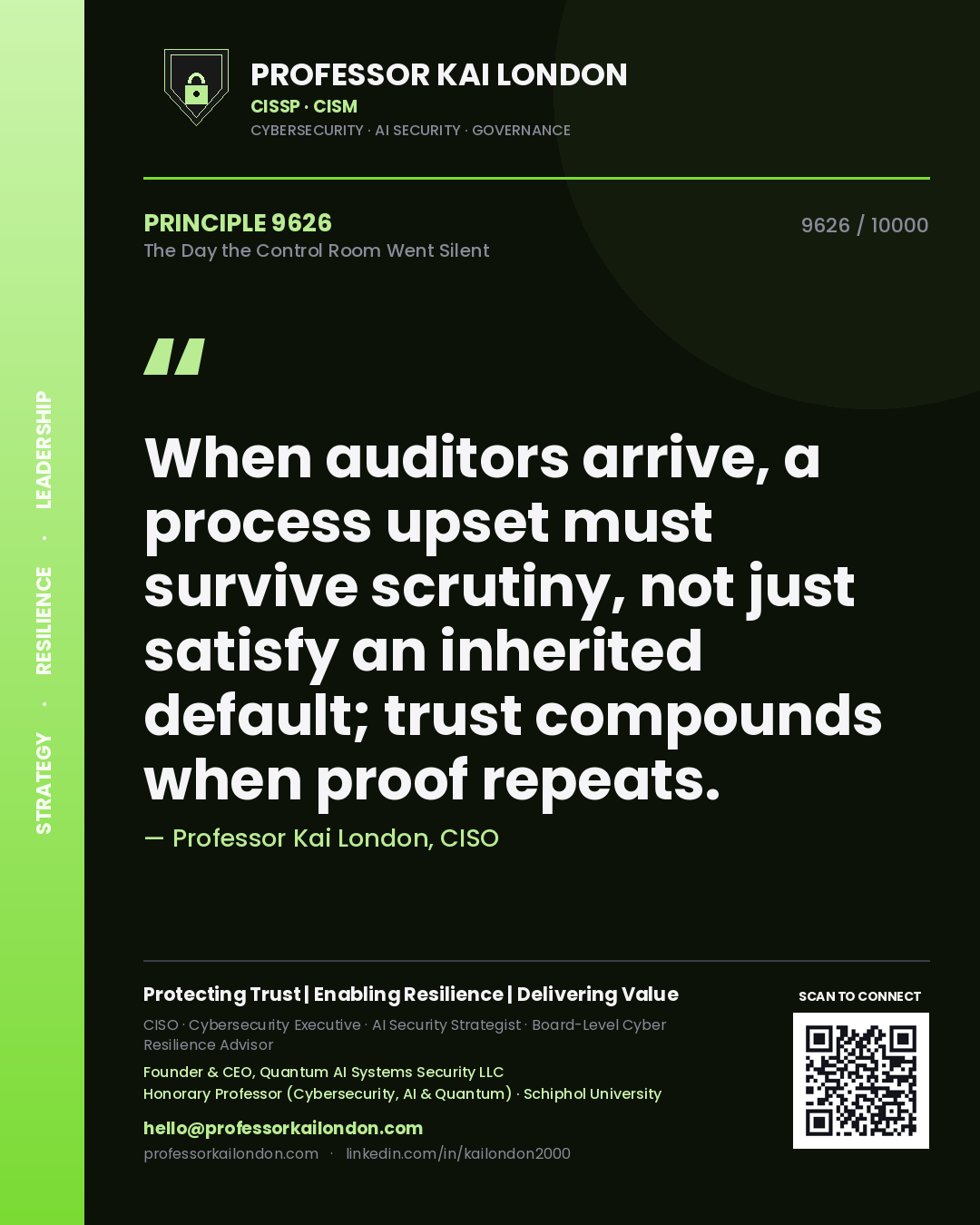 Professor Kai London principle 9626: When auditors arrive, a process upset must survive scrutiny, not just satisfy an inherited default; trust compounds when proof repeats.