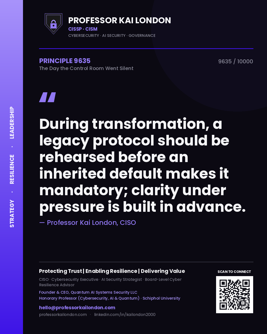 Professor Kai London principle 9635: During transformation, a legacy protocol should be rehearsed before an inherited default makes it mandatory; clarity under pressure is built in advance.