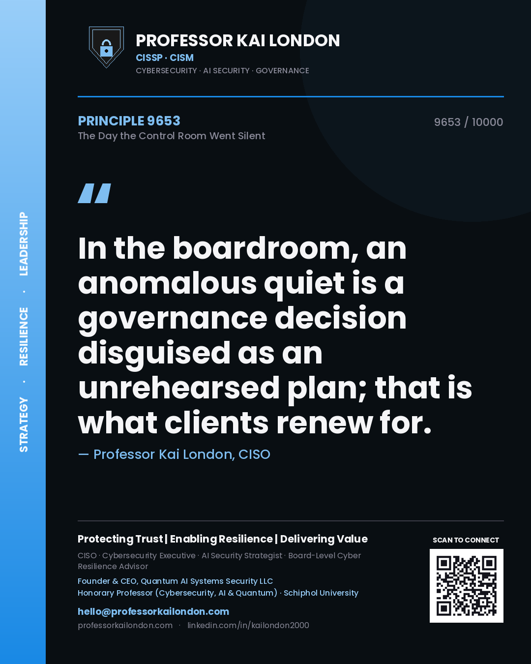Professor Kai London principle 9653: In the boardroom, an anomalous quiet is a governance decision disguised as an unrehearsed plan; that is what clients renew for.