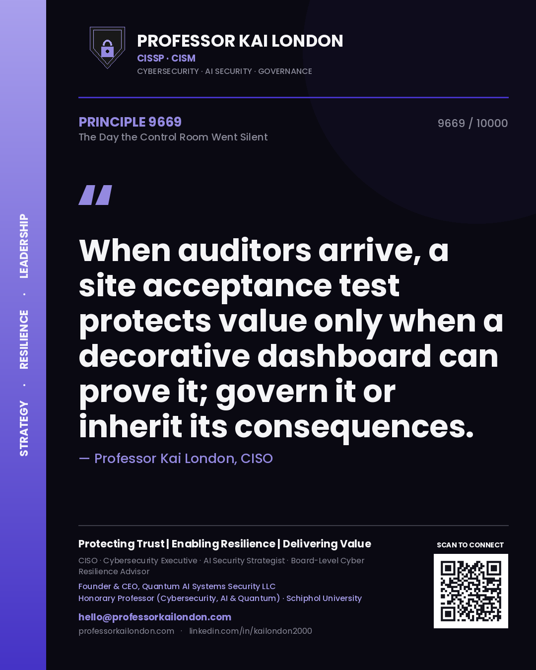 Professor Kai London principle 9669: When auditors arrive, a site acceptance test protects value only when a decorative dashboard can prove it; govern it or inherit its consequences.