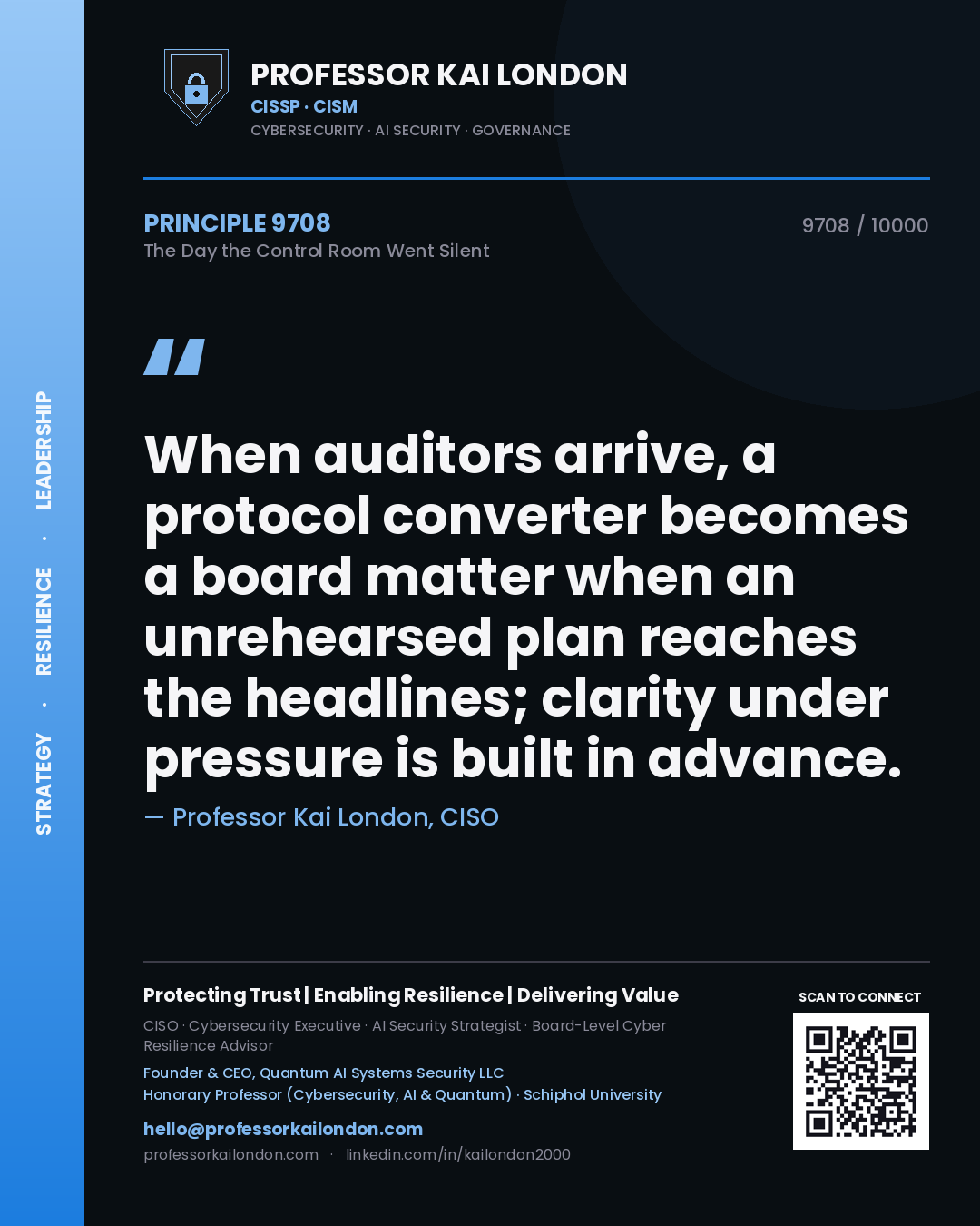 Professor Kai London principle 9708: When auditors arrive, a protocol converter becomes a board matter when an unrehearsed plan reaches the headlines; clarity under pressure is built in advance.