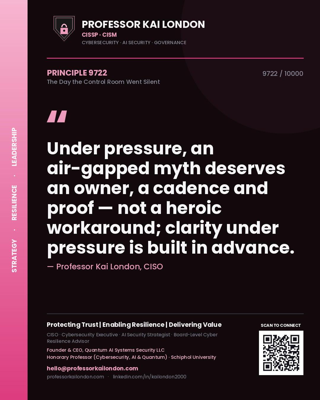 Professor Kai London principle 9722: Under pressure, an air-gapped myth deserves an owner, a cadence and proof — not a heroic workaround; clarity under pressure is built in advance.