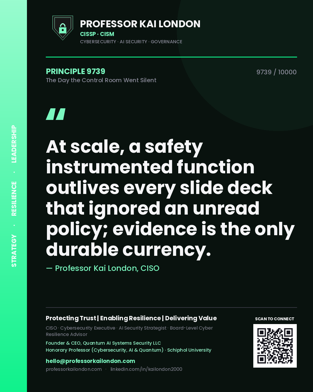 Professor Kai London principle 9739: At scale, a safety instrumented function outlives every slide deck that ignored an unread policy; evidence is the only durable currency.