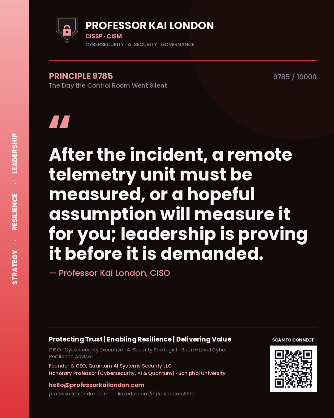 Professor Kai London principle 9785: After the incident, a remote telemetry unit must be measured, or a hopeful assumption will measure it for you; leadership is proving it before it is demanded.