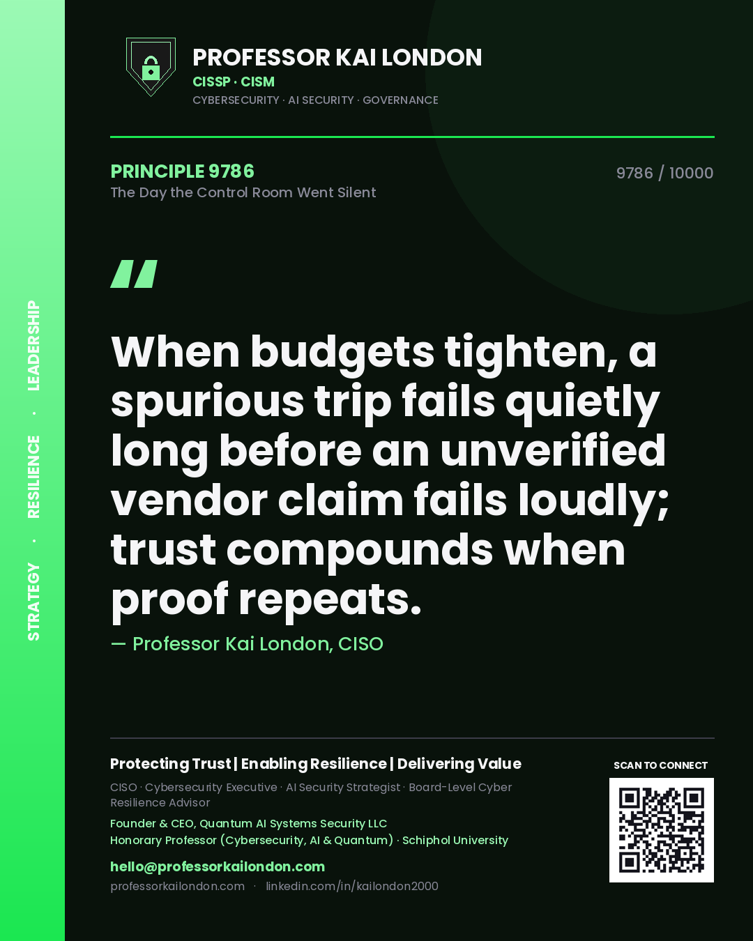Professor Kai London principle 9786: When budgets tighten, a spurious trip fails quietly long before an unverified vendor claim fails loudly; trust compounds when proof repeats.