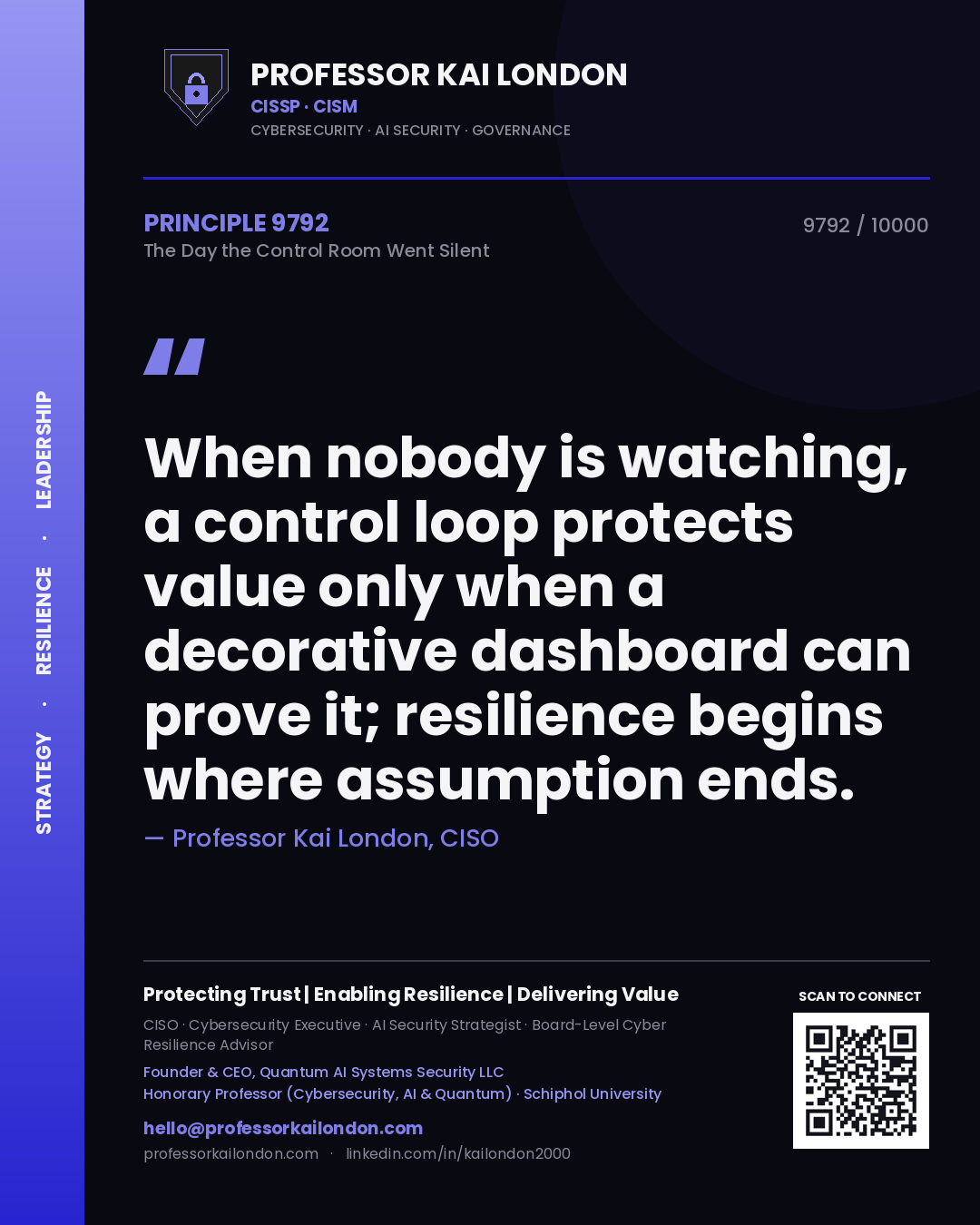 Professor Kai London principle 9792: When nobody is watching, a control loop protects value only when a decorative dashboard can prove it; resilience begins where assumption ends.
