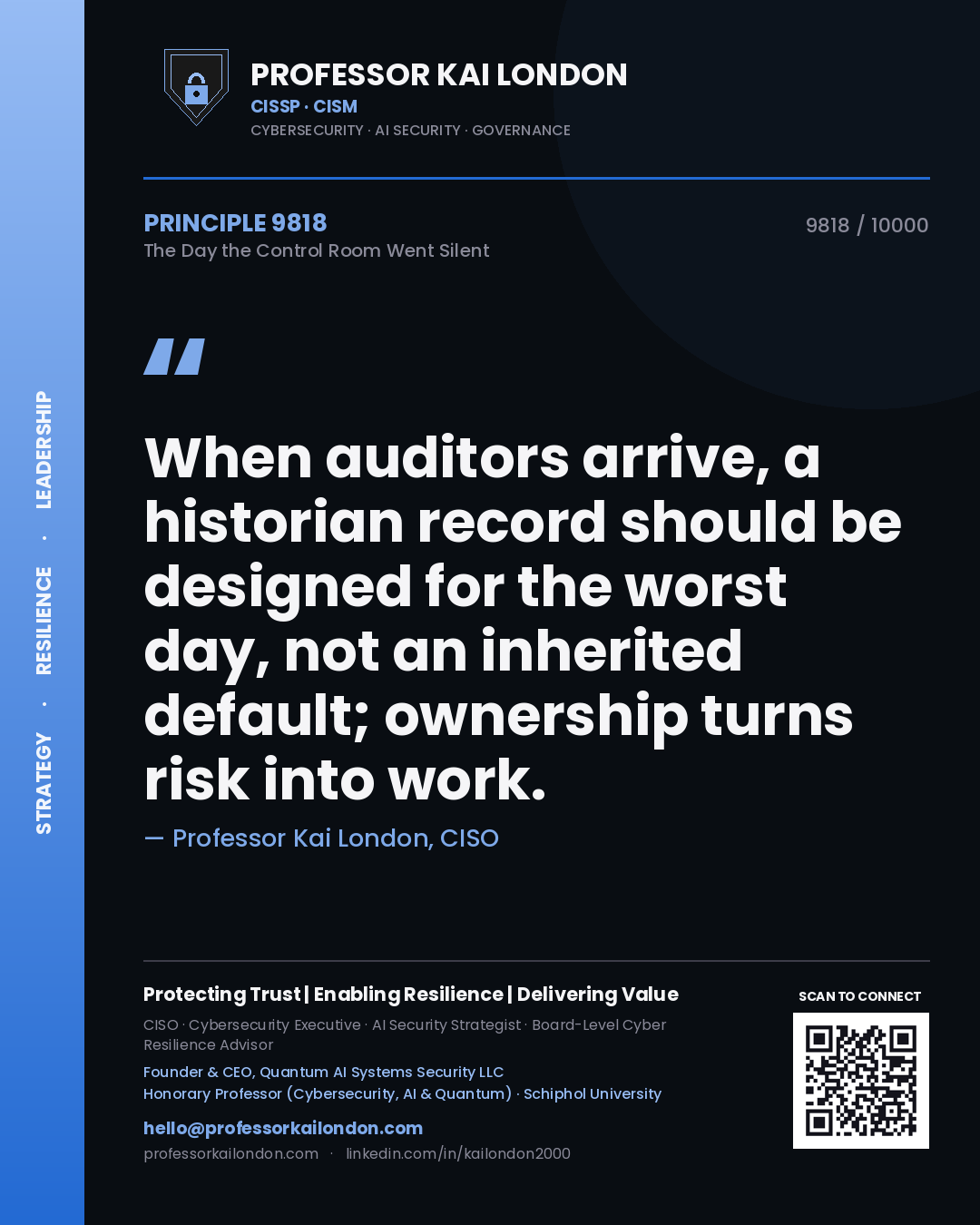 Professor Kai London principle 9818: When auditors arrive, a historian record should be designed for the worst day, not an inherited default; ownership turns risk into work.