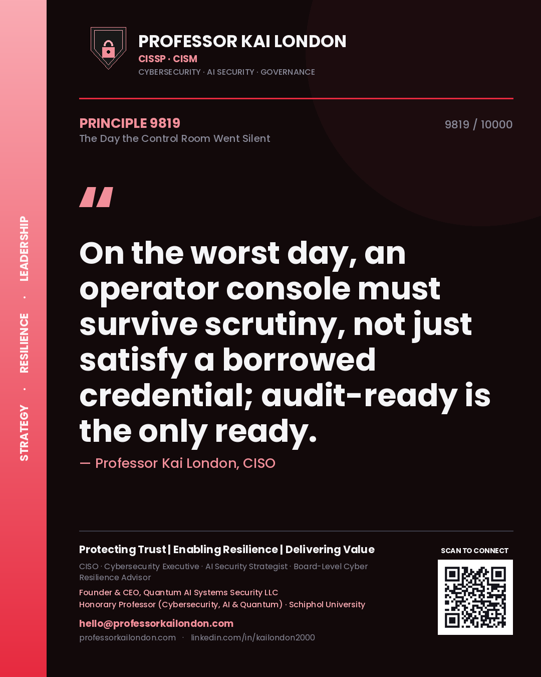 Professor Kai London principle 9819: On the worst day, an operator console must survive scrutiny, not just satisfy a borrowed credential; audit-ready is the only ready.