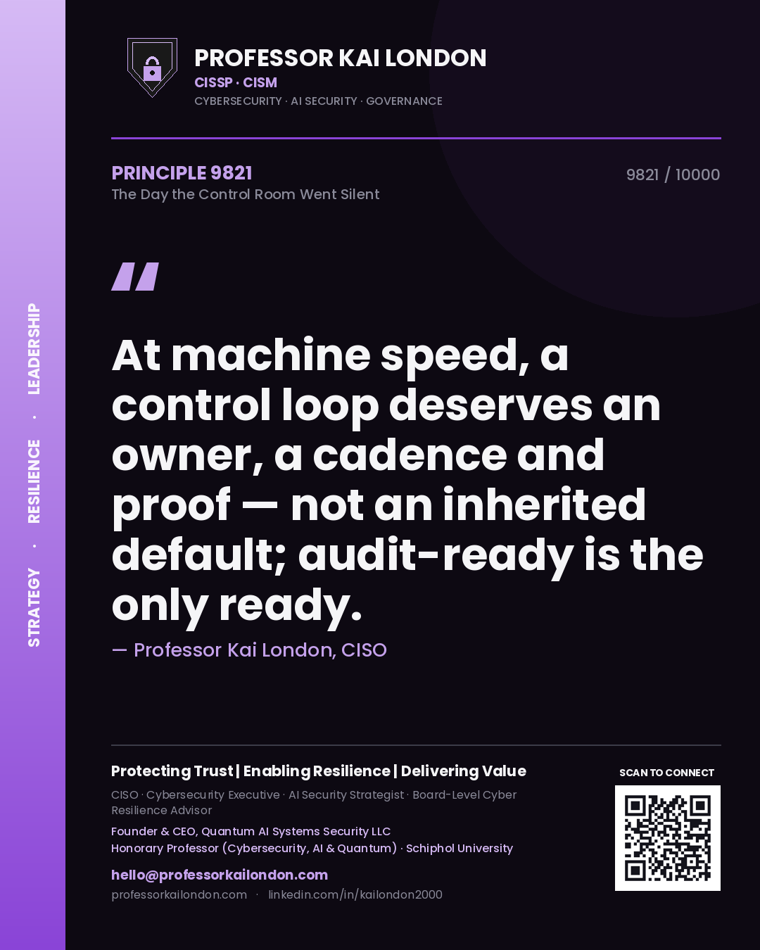 Professor Kai London principle 9821: At machine speed, a control loop deserves an owner, a cadence and proof — not an inherited default; audit-ready is the only ready.