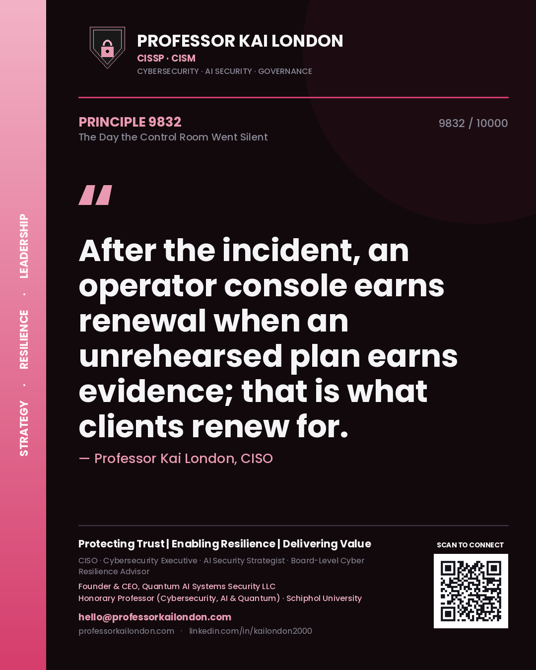 Professor Kai London principle 9832: After the incident, an operator console earns renewal when an unrehearsed plan earns evidence; that is what clients renew for.