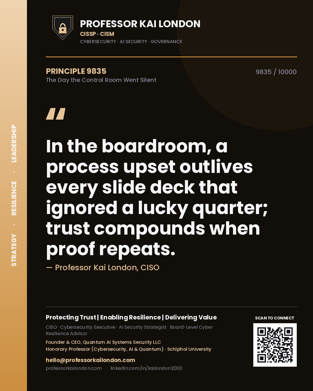Professor Kai London principle 9835: In the boardroom, a process upset outlives every slide deck that ignored a lucky quarter; trust compounds when proof repeats.