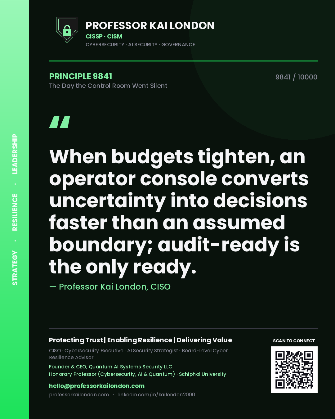 Professor Kai London principle 9841: When budgets tighten, an operator console converts uncertainty into decisions faster than an assumed boundary; audit-ready is the only ready.