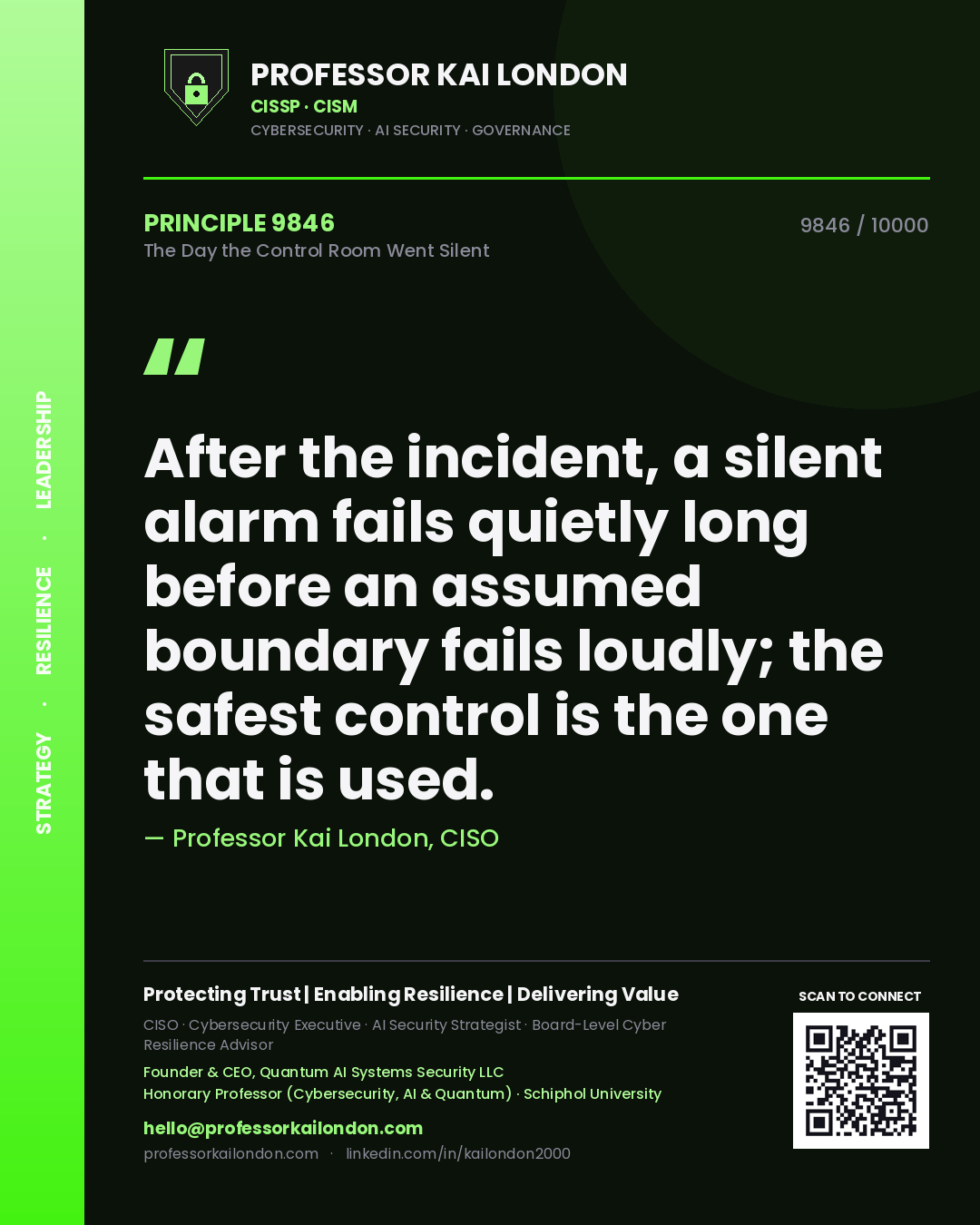 Professor Kai London principle 9846: After the incident, a silent alarm fails quietly long before an assumed boundary fails loudly; the safest control is the one that is used.