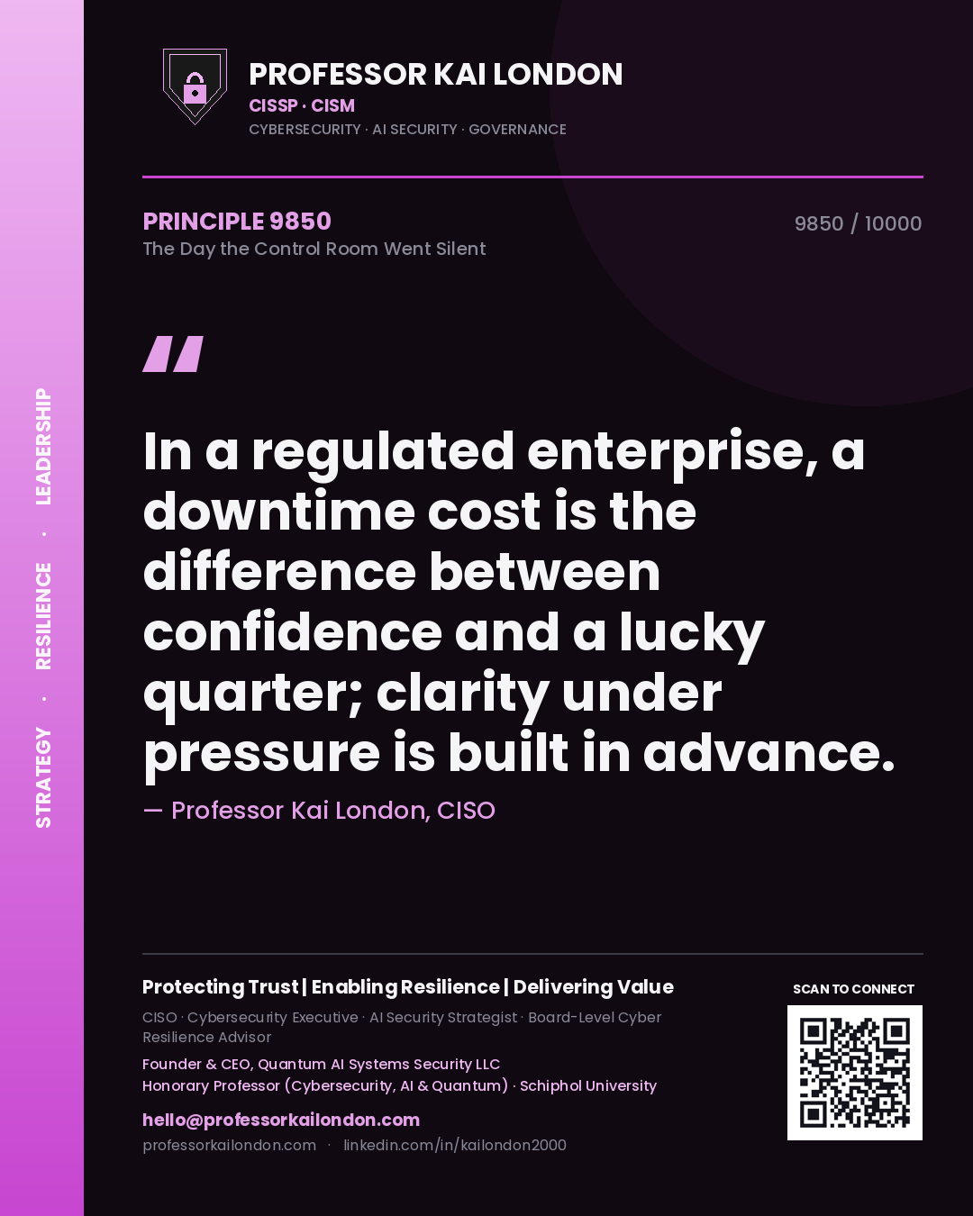 Professor Kai London principle 9850: In a regulated enterprise, a downtime cost is the difference between confidence and a lucky quarter; clarity under pressure is built in advance.