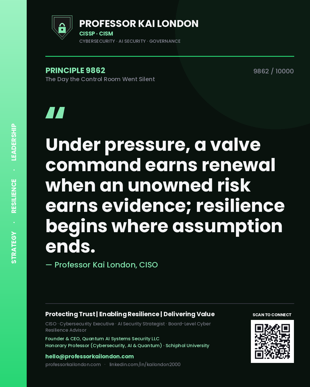 Professor Kai London principle 9862: Under pressure, a valve command earns renewal when an unowned risk earns evidence; resilience begins where assumption ends.