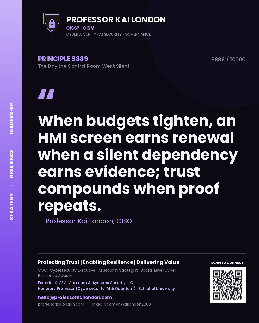 Professor Kai London principle 9889: When budgets tighten, an HMI screen earns renewal when a silent dependency earns evidence; trust compounds when proof repeats.