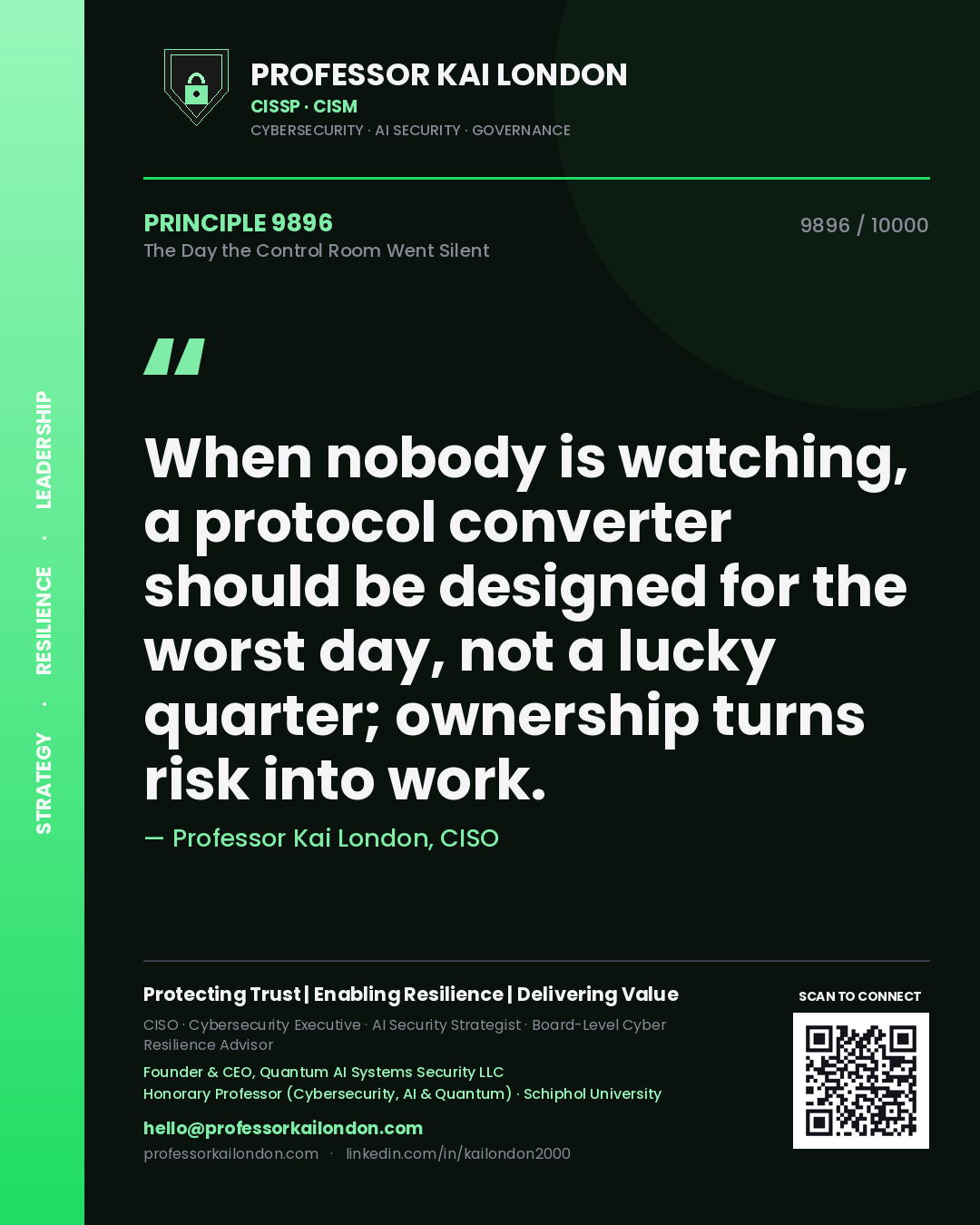 Professor Kai London principle 9896: When nobody is watching, a protocol converter should be designed for the worst day, not a lucky quarter; ownership turns risk into work.
