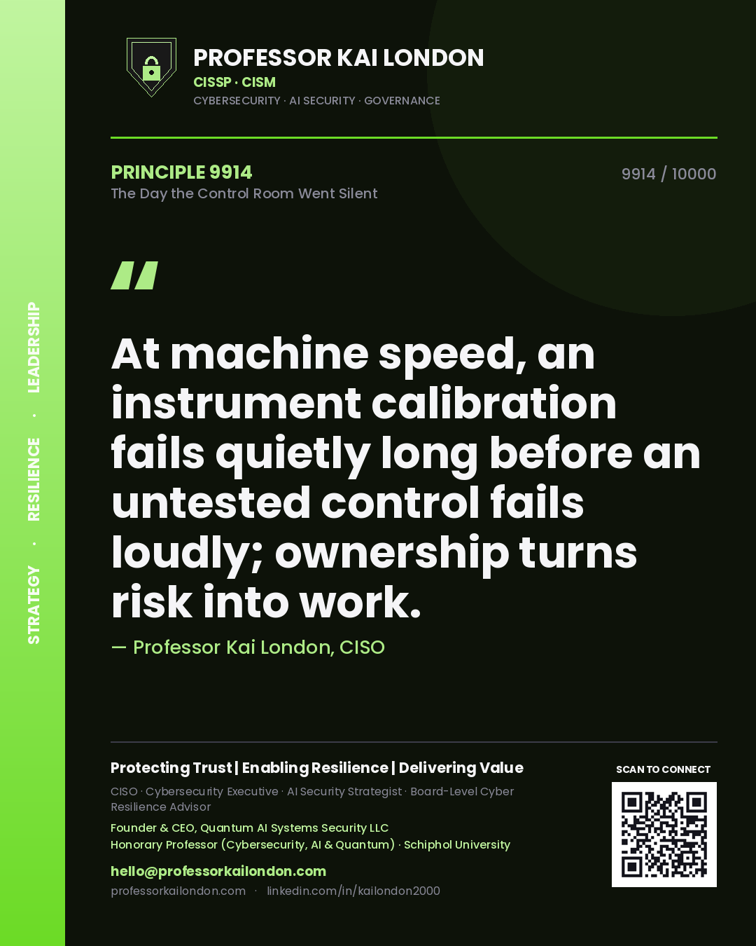 Professor Kai London principle 9914: At machine speed, an instrument calibration fails quietly long before an untested control fails loudly; ownership turns risk into work.