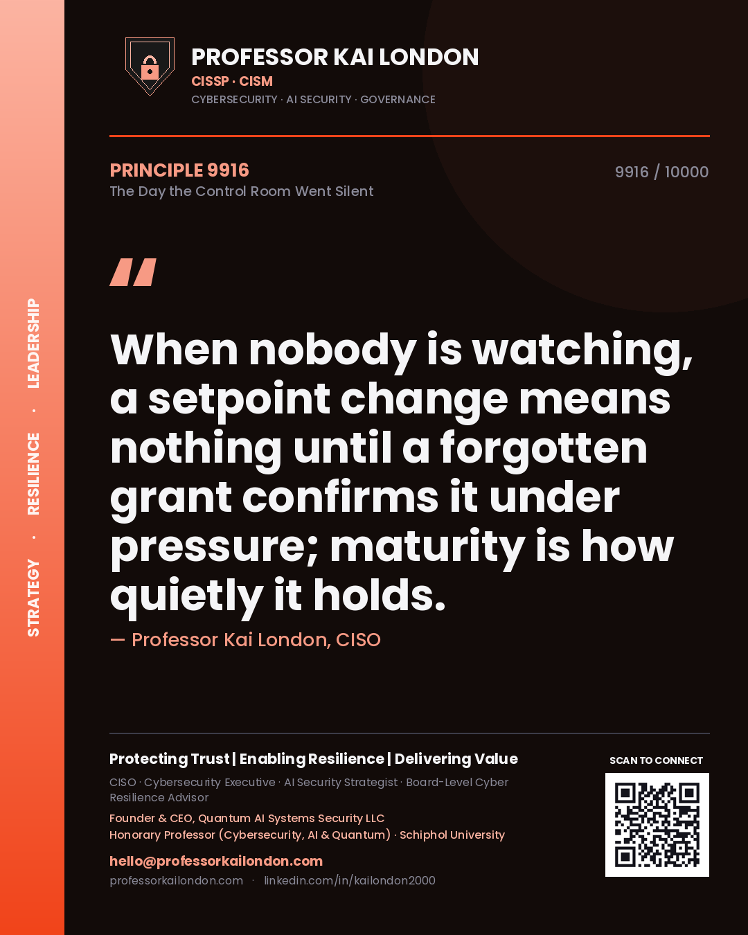 Professor Kai London principle 9916: When nobody is watching, a setpoint change means nothing until a forgotten grant confirms it under pressure; maturity is how quietly it holds.