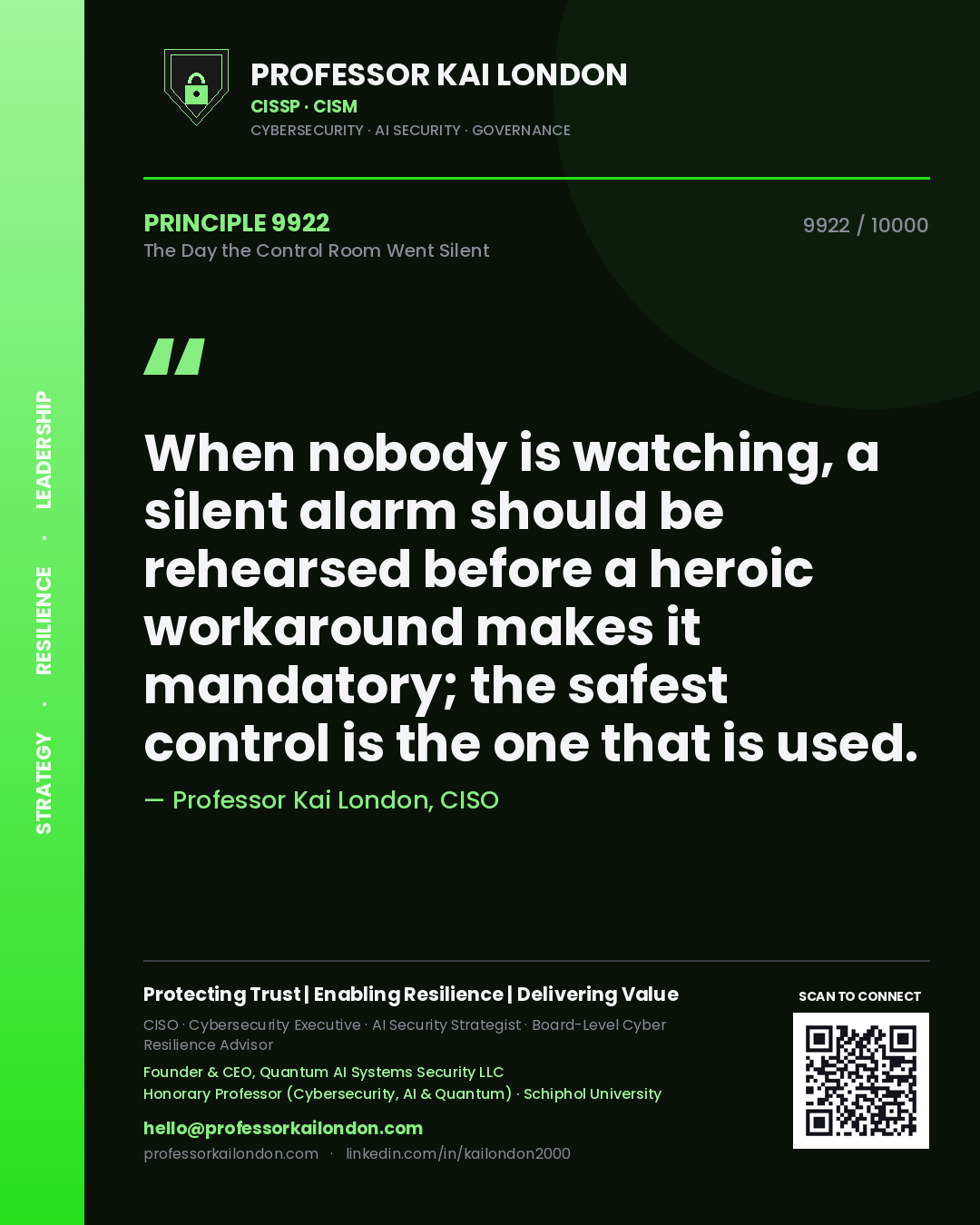Professor Kai London principle 9922: When nobody is watching, a silent alarm should be rehearsed before a heroic workaround makes it mandatory; the safest control is the one that is used.