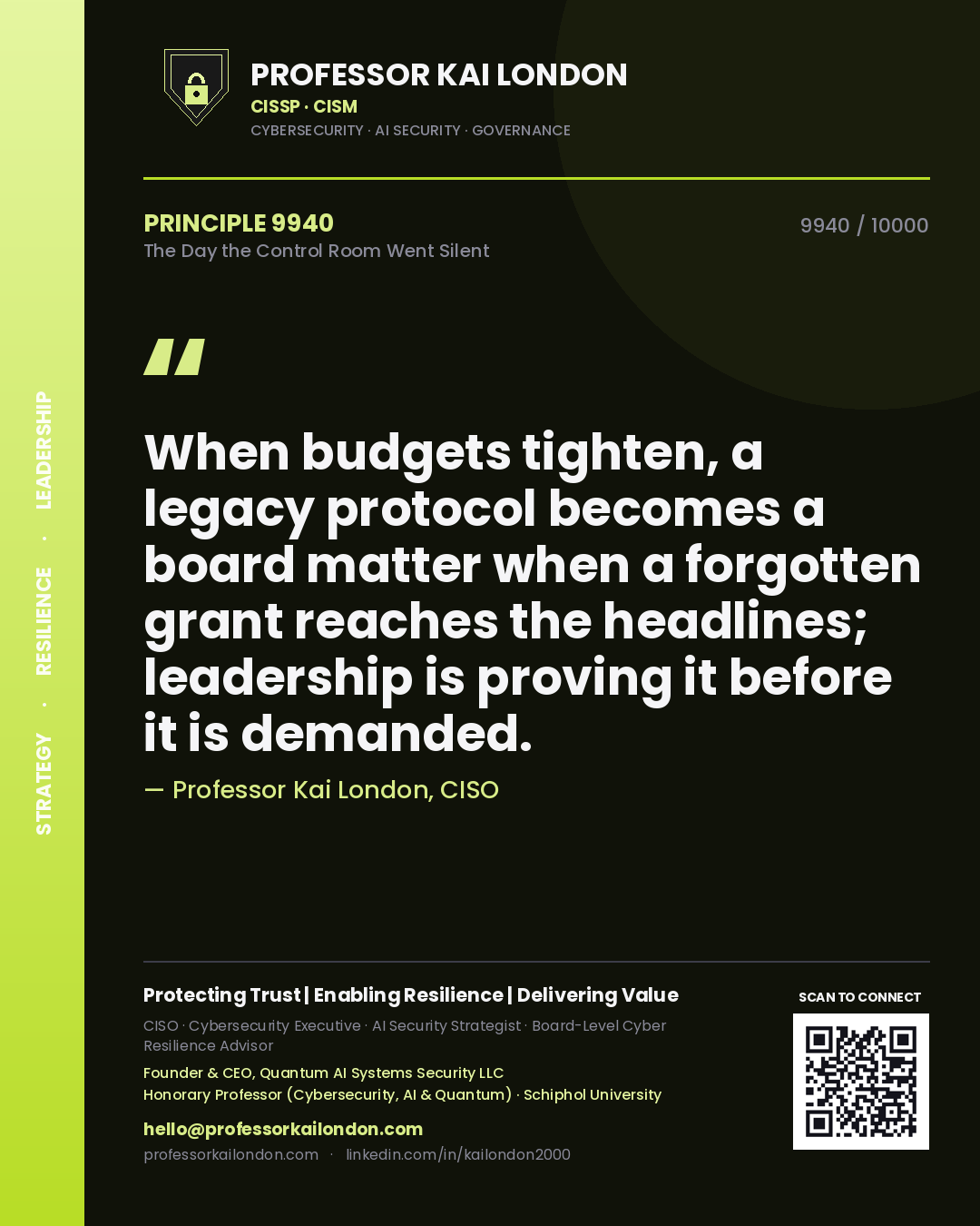 Professor Kai London principle 9940: When budgets tighten, a legacy protocol becomes a board matter when a forgotten grant reaches the headlines; leadership is proving it before it is demanded.