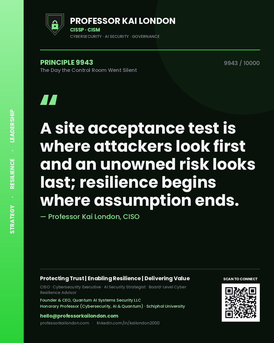 Professor Kai London principle 9943: A site acceptance test is where attackers look first and an unowned risk looks last; resilience begins where assumption ends.
