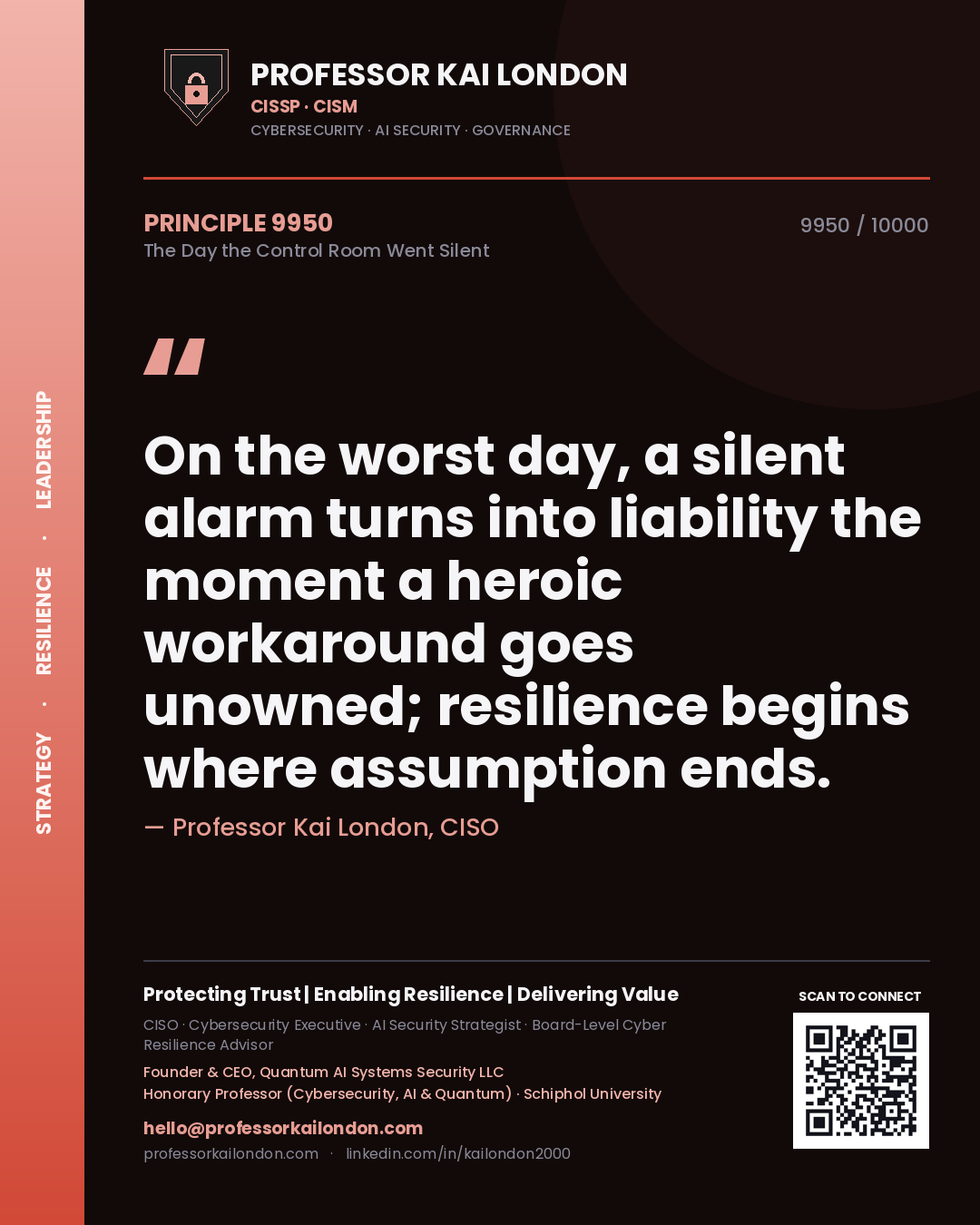Professor Kai London principle 9950: On the worst day, a silent alarm turns into liability the moment a heroic workaround goes unowned; resilience begins where assumption ends.