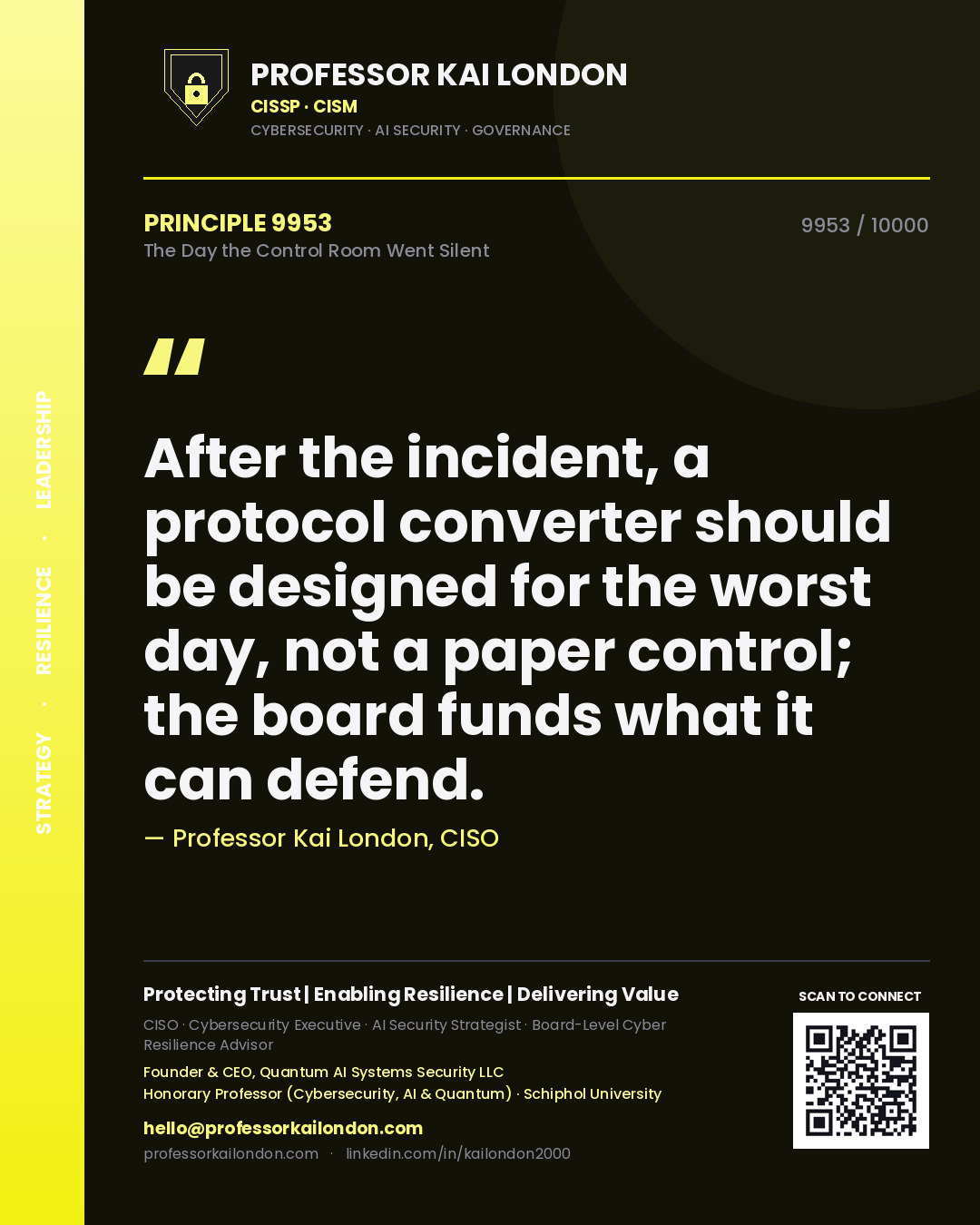 Professor Kai London principle 9953: After the incident, a protocol converter should be designed for the worst day, not a paper control; the board funds what it can defend.