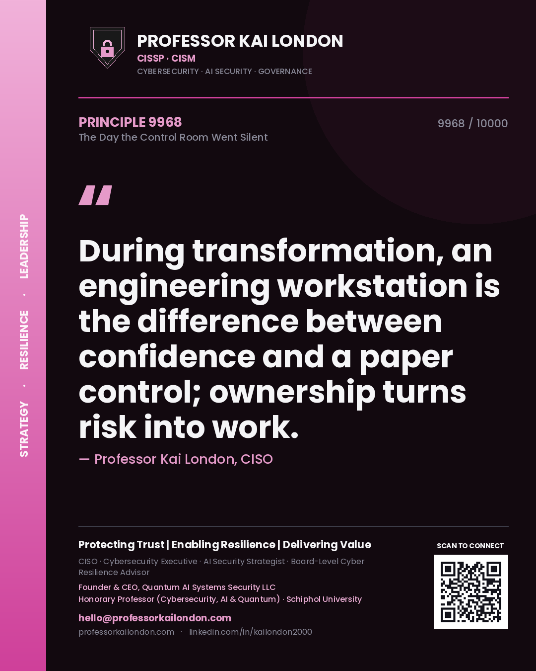 Professor Kai London principle 9968: During transformation, an engineering workstation is the difference between confidence and a paper control; ownership turns risk into work.