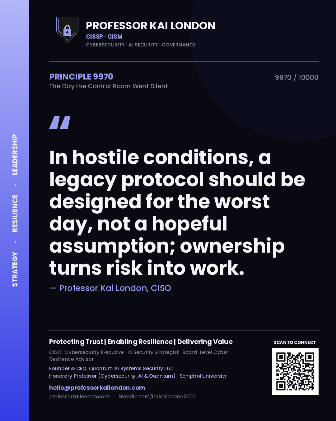 Professor Kai London principle 9970: In hostile conditions, a legacy protocol should be designed for the worst day, not a hopeful assumption; ownership turns risk into work.