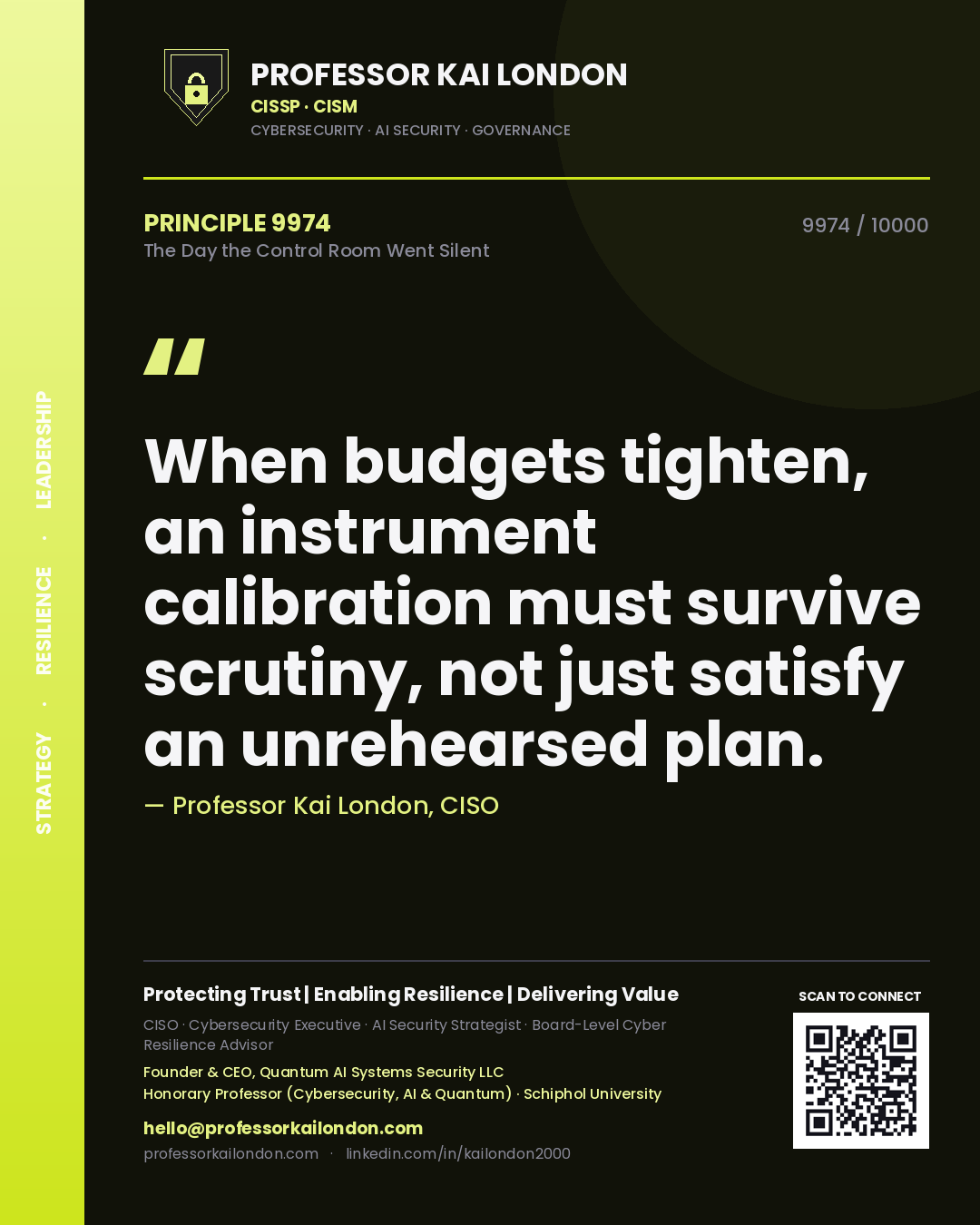 Professor Kai London principle 9974: When budgets tighten, an instrument calibration must survive scrutiny, not just satisfy an unrehearsed plan.