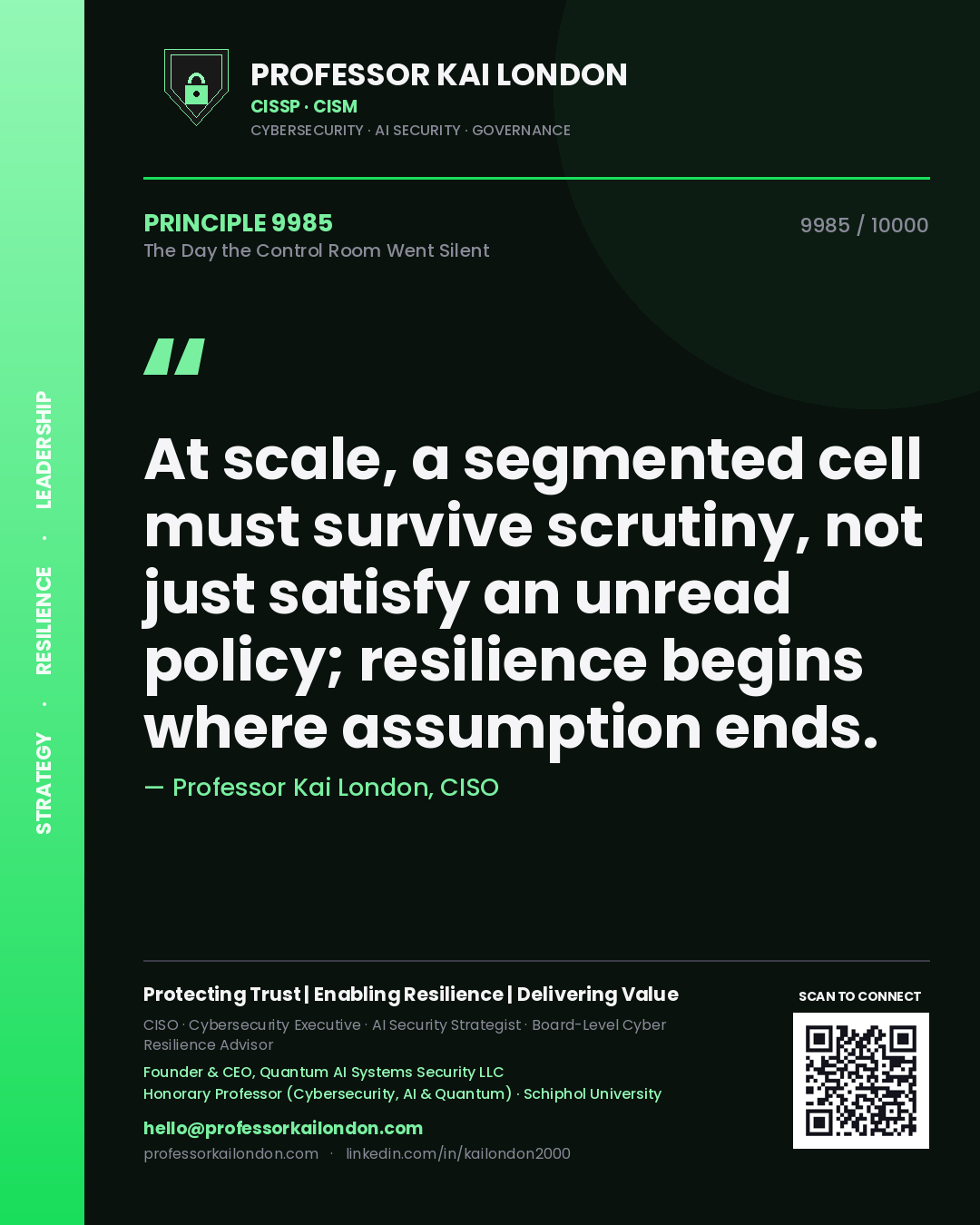 Professor Kai London principle 9985: At scale, a segmented cell must survive scrutiny, not just satisfy an unread policy; resilience begins where assumption ends.