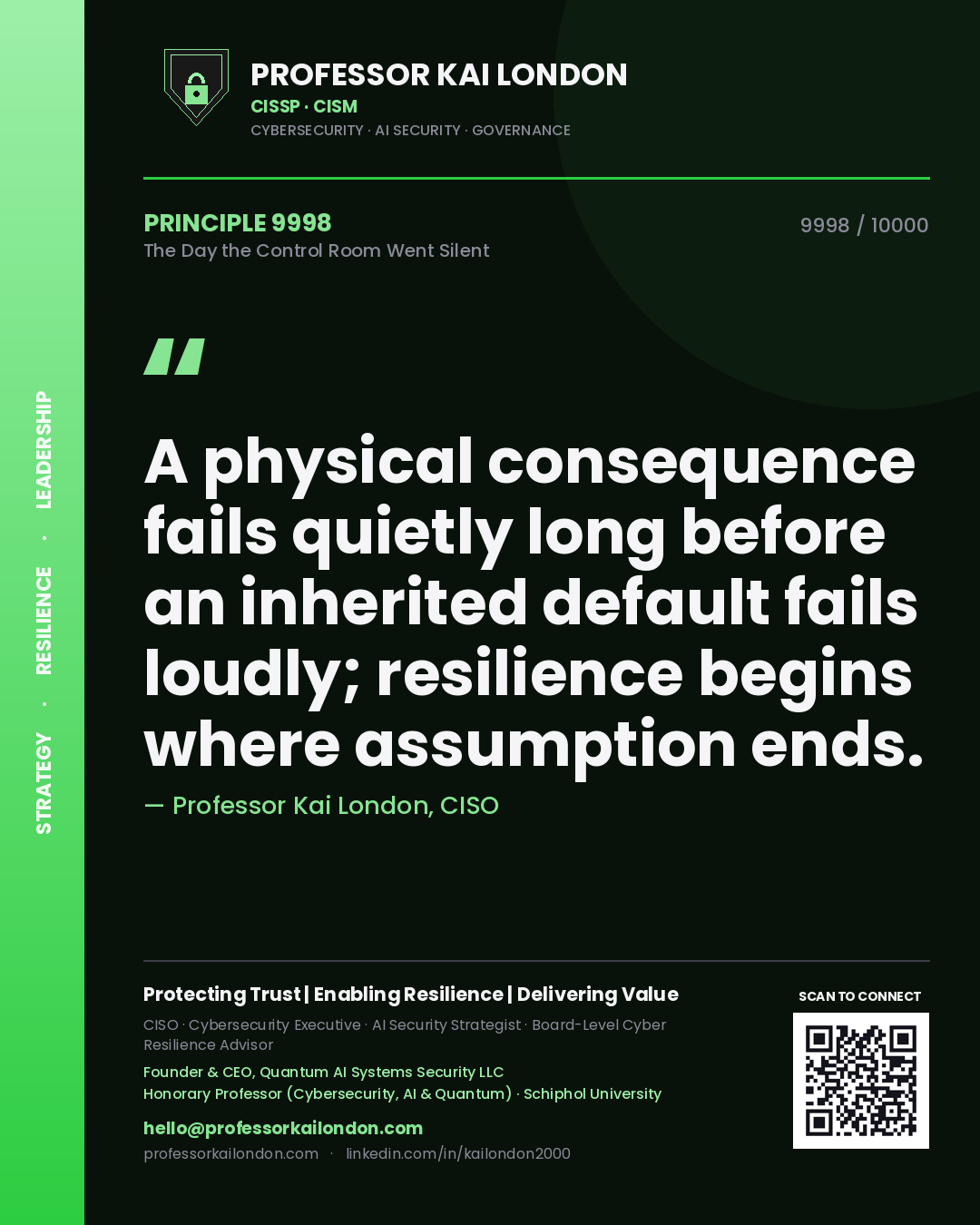 Professor Kai London principle 9998: A physical consequence fails quietly long before an inherited default fails loudly; resilience begins where assumption ends.