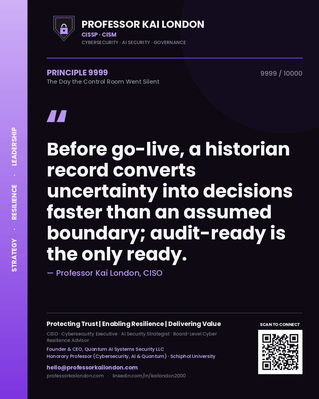 Professor Kai London principle 9999: Before go-live, a historian record converts uncertainty into decisions faster than an assumed boundary; audit-ready is the only ready.