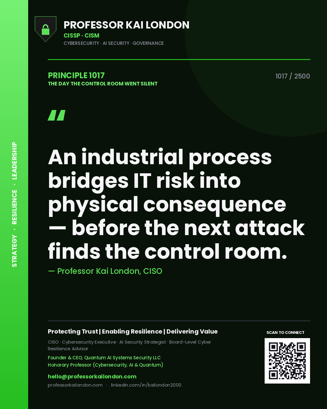 Professor Kai London principle 1017: An industrial process bridges IT risk into physical consequence — before the next attack finds the control room.