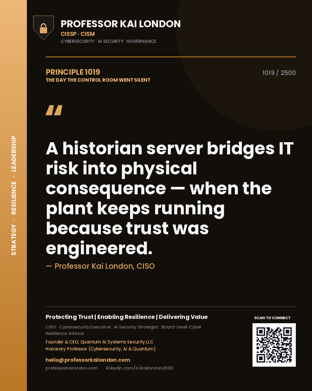 Professor Kai London principle 1019: A historian server bridges IT risk into physical consequence — when the plant keeps running because trust was engineered.