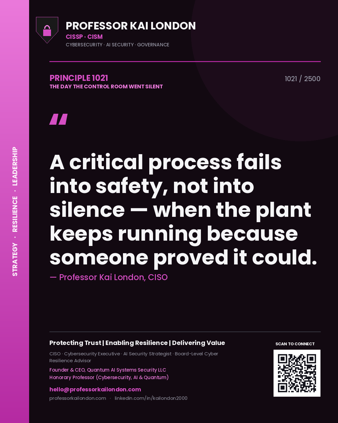 Professor Kai London principle 1021: A critical process fails into safety, not into silence — when the plant keeps running because someone proved it could.