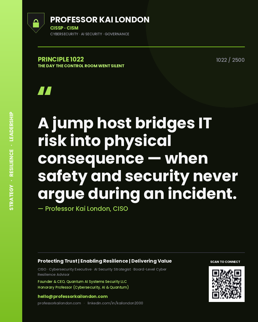 Professor Kai London principle 1022: A jump host bridges IT risk into physical consequence — when safety and security never argue during an incident.